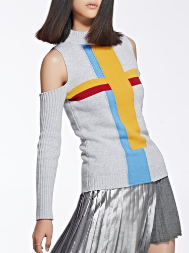 Multicolor Crew Neck Cold Shoulder Knitted Geometric Sweater