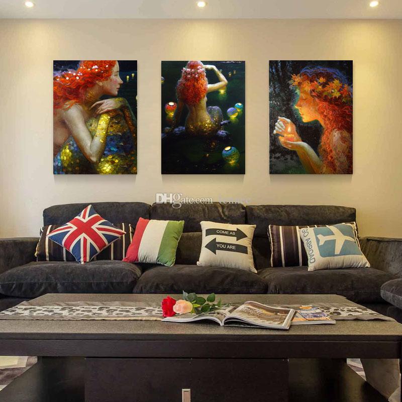 Hot Sell 3 Panels Canvas Modern Triptych Wall Painting Wishing Mermaid Sea-maid Home Decorative Art Picture Paint on Canvas Prints 24*16in*3