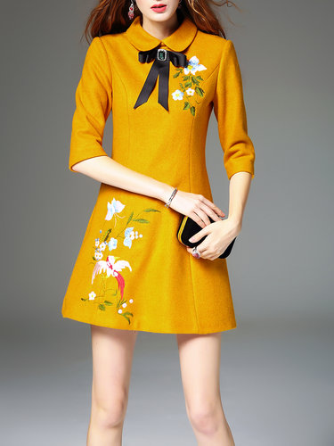 Yellow Peter Pan Collar Embroidered Bow A-line Mini Dress