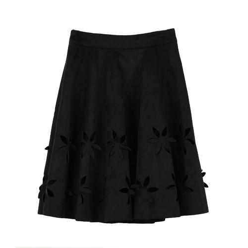 Nueva moda mujer gamuza falda hueco flor cintura alta con pliegues Vestido Tutu Falda Negro/Borgoña/marrón