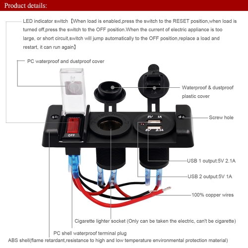 NEW Aluminum 5PIN 3 Gang Rocker Switch Panel + 12V Cigarette Socket + Dual USB Charger with Red LED light Indicator for Boat Marine/Car