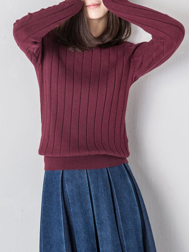 Casual Crew Neck Knitted Plain Sweater