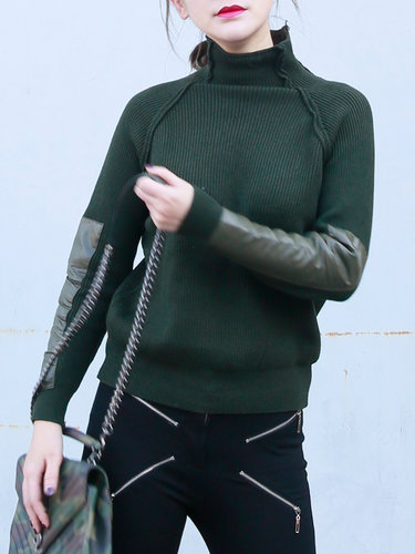 Army Green Turtleneck Knitted Long Sleeve Paneled Sweater