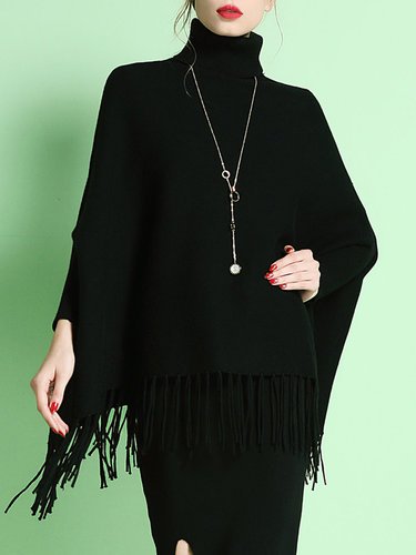 Black Casual Batwing Fringed Turtleneck Sweater