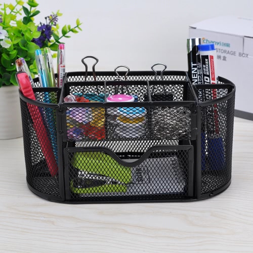 9 Storage Compartments Multi-functional Mesh Desk Organizer Pen Holder Stationery Storage Container Box Collection Office School Supplies Caddy for Business Card Pen Pencil Note Stapler Scissors Mobile Phone Metal Oval Black