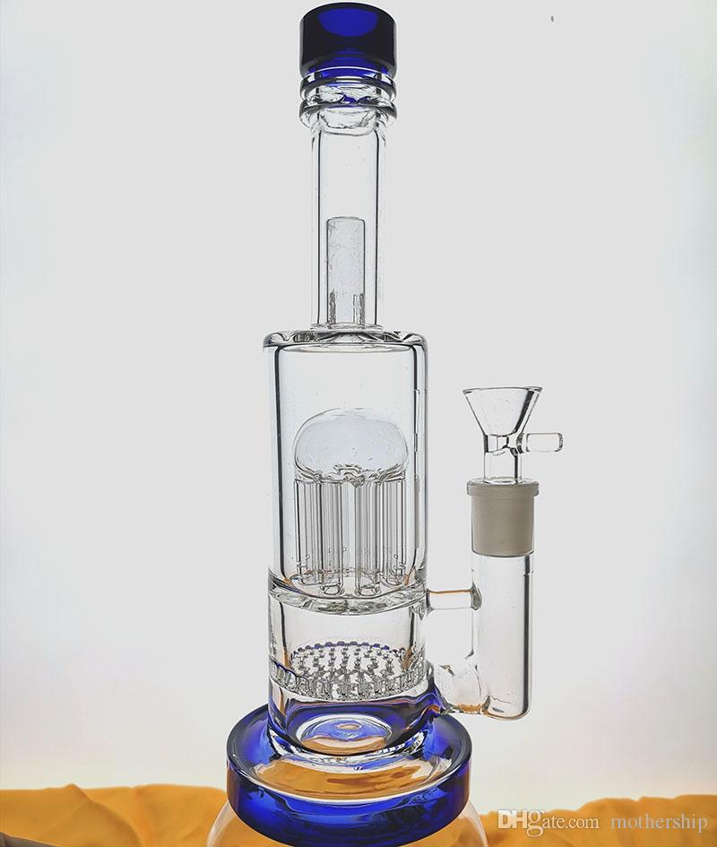 P Glass Bong Water Pipe Recycler Double Honeycomb 8Arm Perc Heady Pipe Bongs Very Thick bottom 14.4mm joint