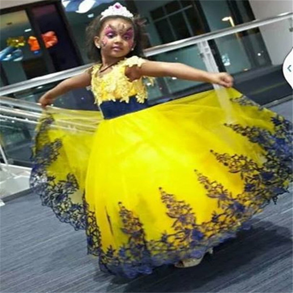 2019 Yellow and Royal Blue Lace Little Flower Girls' Dresses Bridal Party Cinderella Princess Style Ball Gowns For Weddings Kids Sale Cheap