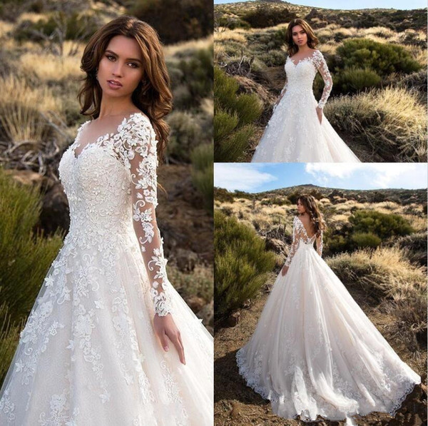 Gorgeous Ivory Sheer Long Sleeves Wedding Dresses Sexy Backless Lace Tulle Bridal Gowns Robe De Mariage 2021 New Arrival