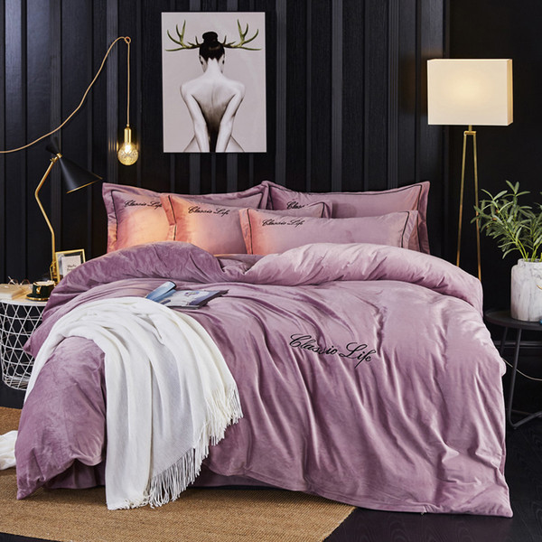 Crystal Velvet Nordic Style Bed Set Duvet Cover Bed Sheet Pillowcases Lake Blue Bean Paste Grey Brown Purple