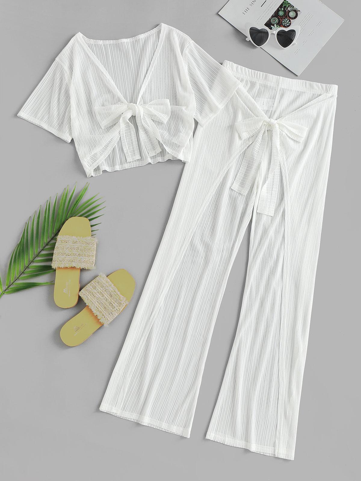 Women Beach Matching Tie Front Sheer Cover Up Beach Top and Pants Set M White