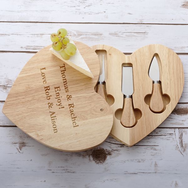 Personalised Wooden Heart Swivel Cheeseboard & Knife Set