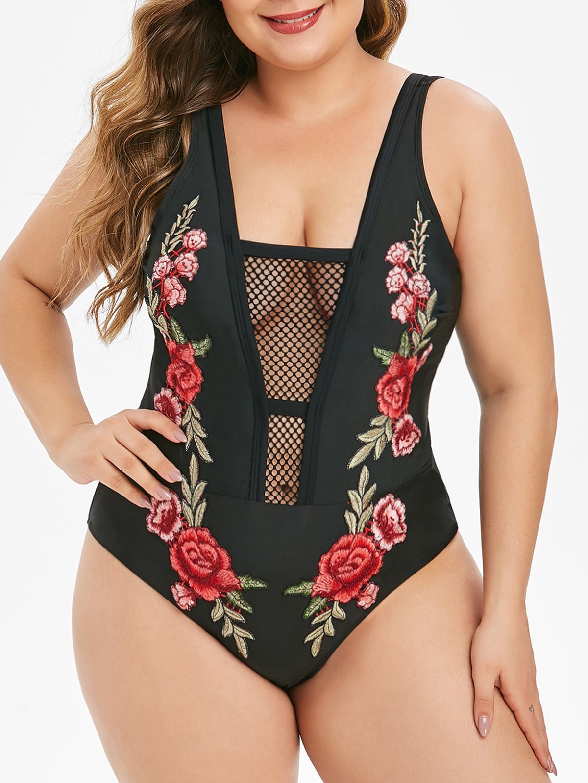 Fishnet Panel Floral Embroidered Plus Size One-piece Swimsuit
