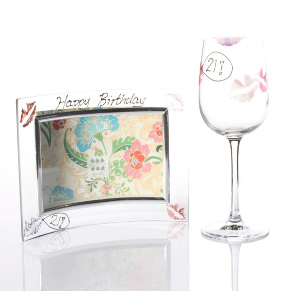 21st Birthday Lips Wine Glass and Frame Gift Set