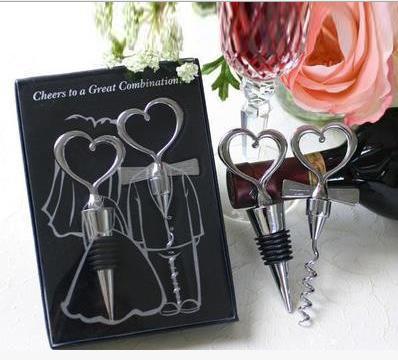 Novelty Great Combination Wedding Favors Chrome Heart Bottle Stopper & Wine bottle Opener Metal corkscrew luxury packaging