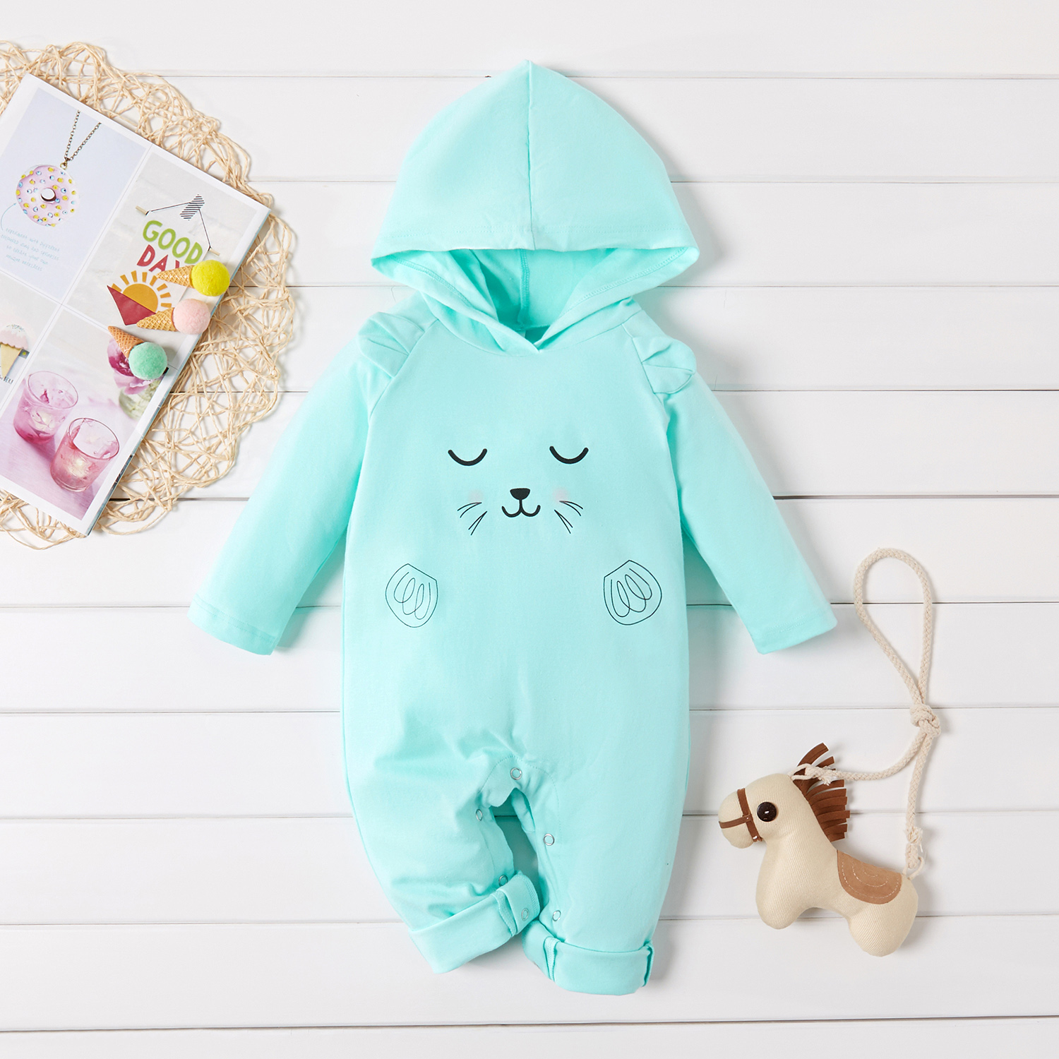 Baby Boy / Girl Solid Cat Design Hooded Long-sleeve Jumpsuit