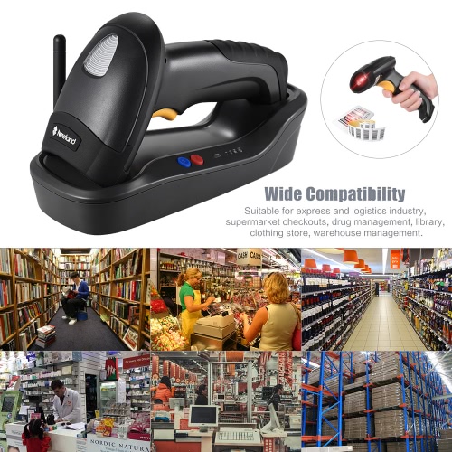 Wireless Handheld 1D/2D(PDF417/MicroPDF417) Barcode Scanner Bar Code Reader with Base USB Cable for Supermarket Library Express Company Retail Store Warehouse