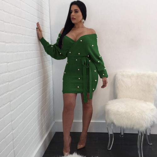 Women Sexy Off Shoulder Backless Dress Pearl Beading Elegant Bodycon Party Dress Clubwear