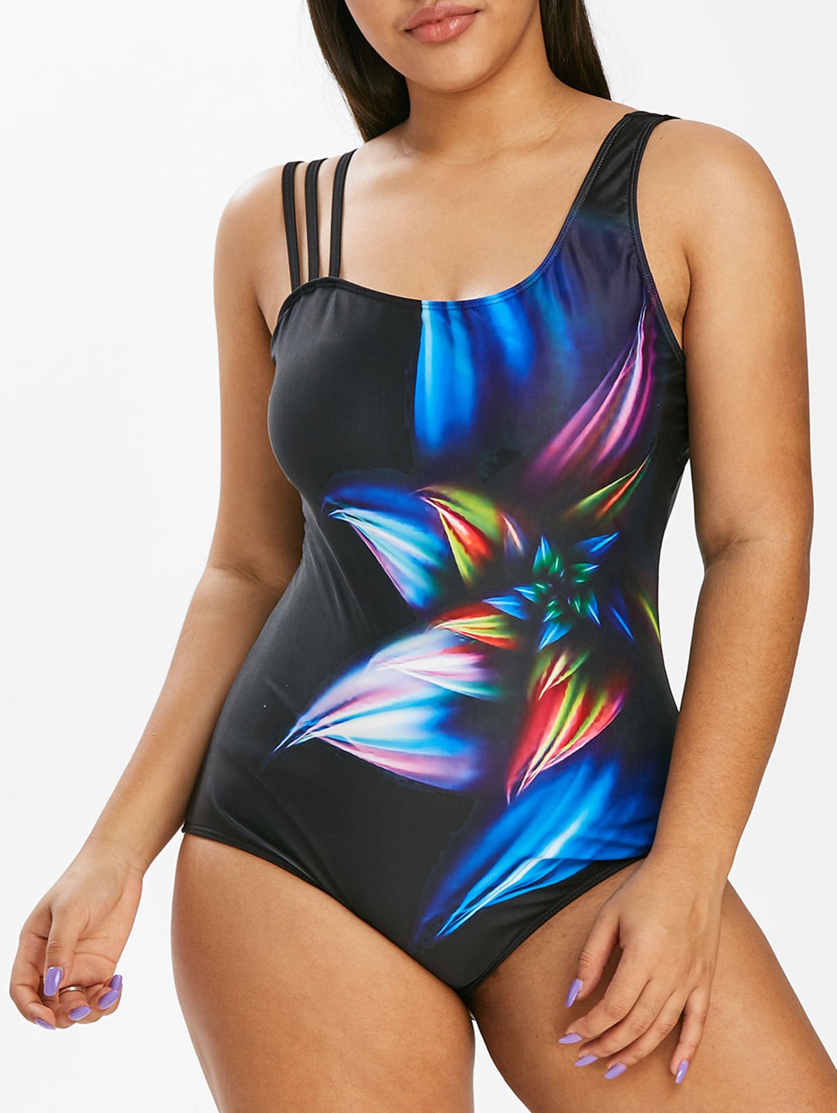 Plus Size 3D Floral Print Skew Neck One-piece Swimsuit