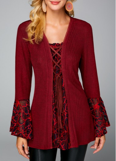 Lace Up Flare Sleeve Picot Trim Sweater
