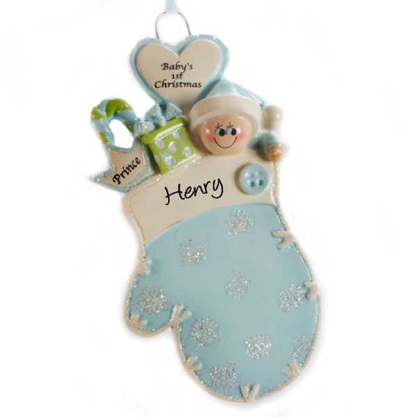 Personalised Baby's 1st Christmas Mitten Blue Hanging Ornament