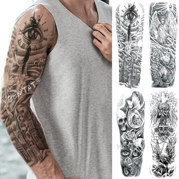 large arm sleeve tattoo clock poker waterproof temporary fake tatoo sticker skull eye bird castle men women full totem tatto
