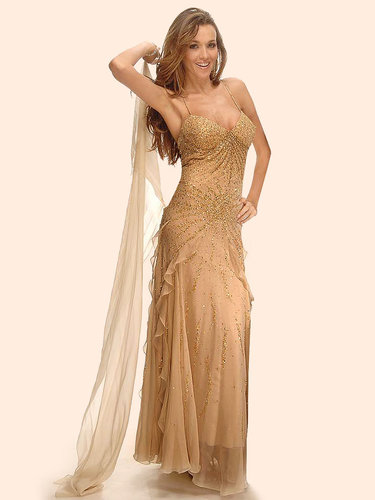 Gold Brown Silk Beaded Ruffled Elegant Evening Dress