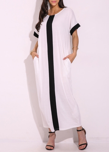 Fashion Women Plus Size Contrast Panel T-Shirt Dress O Neck Short Sleeve Casual Loose Maxi Dress