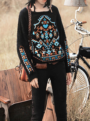 Long Sleeve Vintage Embroidered Knitted Abstract Sweater
