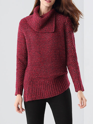 Asymmetric Solid Knitted Simple Long Sleeve Sweater