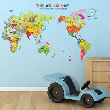Kids Colorful Global World Map Animals Wall Stickers Cartoon Children Room Decor