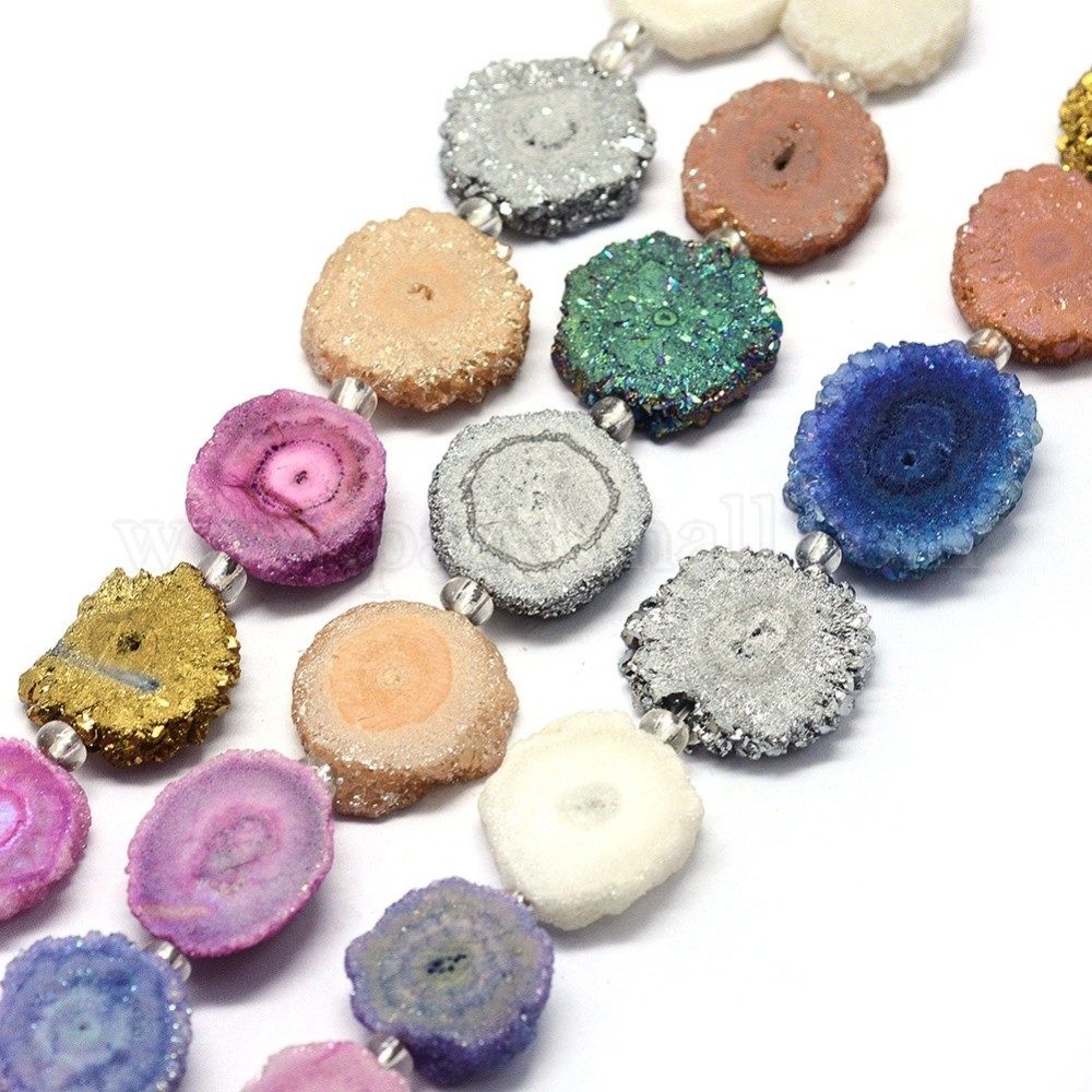 Natural Druzy Quartz Crystal Beads Strands, Dyed, Nuggets, Mixed Color, 14~22x13~20x4~6mm, Hole: 1.5~2mm; about 9~12pcs/strand, 7.7~7.9