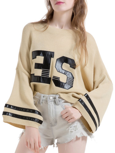 Casual Letter Knitted Long Sleeve Appliqued Sweater