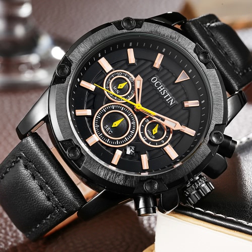OCHSTIN Luxury Military Style Luminous Quartz Men Watch Big Dial Leather Water-Proof Chronograph Casual Wristwatch + Box