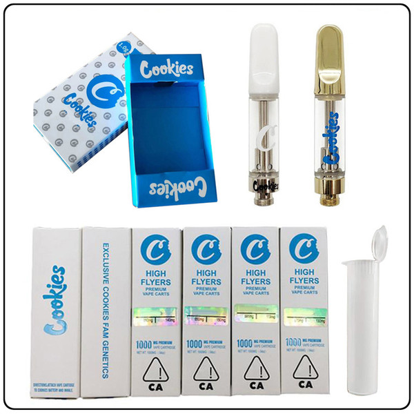 Cookies Vape Carts With Push High Flyers Packages 0.8ml 1.0ml Gold White Ceramic Tip Empty Vape Cartridges 510 Thread Glass Tanks