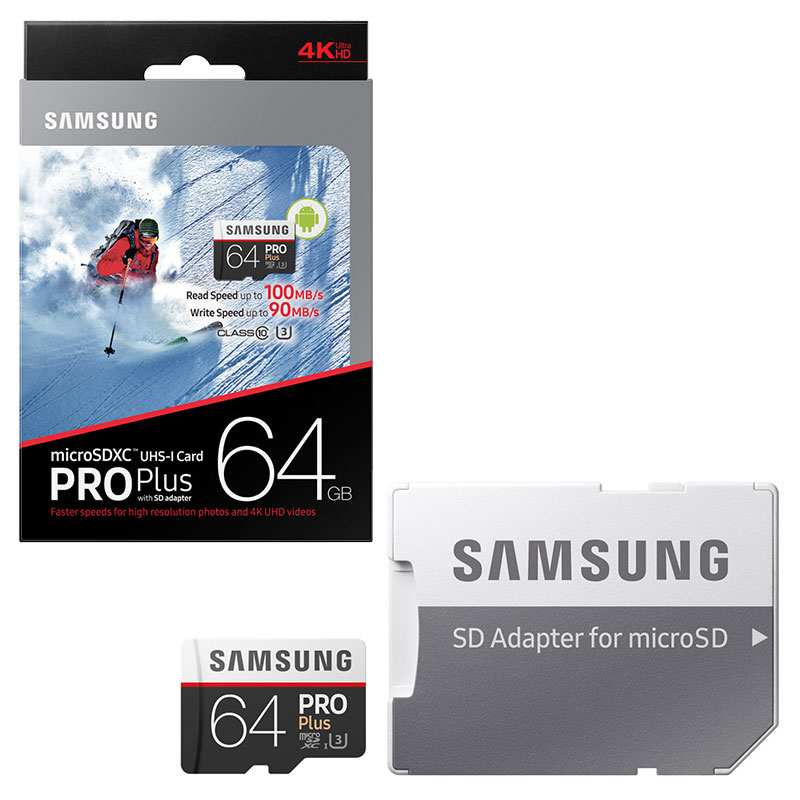 Samsung Pro Plus Micro SD SDXC SD Memory Card 100MB/s UHS Grade 3 with Full Size SD Adapter - 64GB