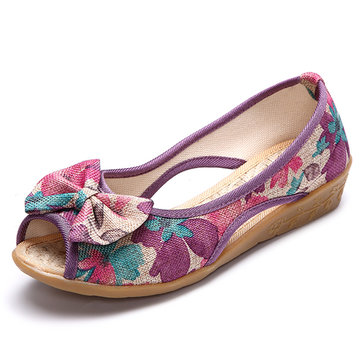 Flower Print Bowknot Flax Peep Toe National Wind Slip On Flat Shoes