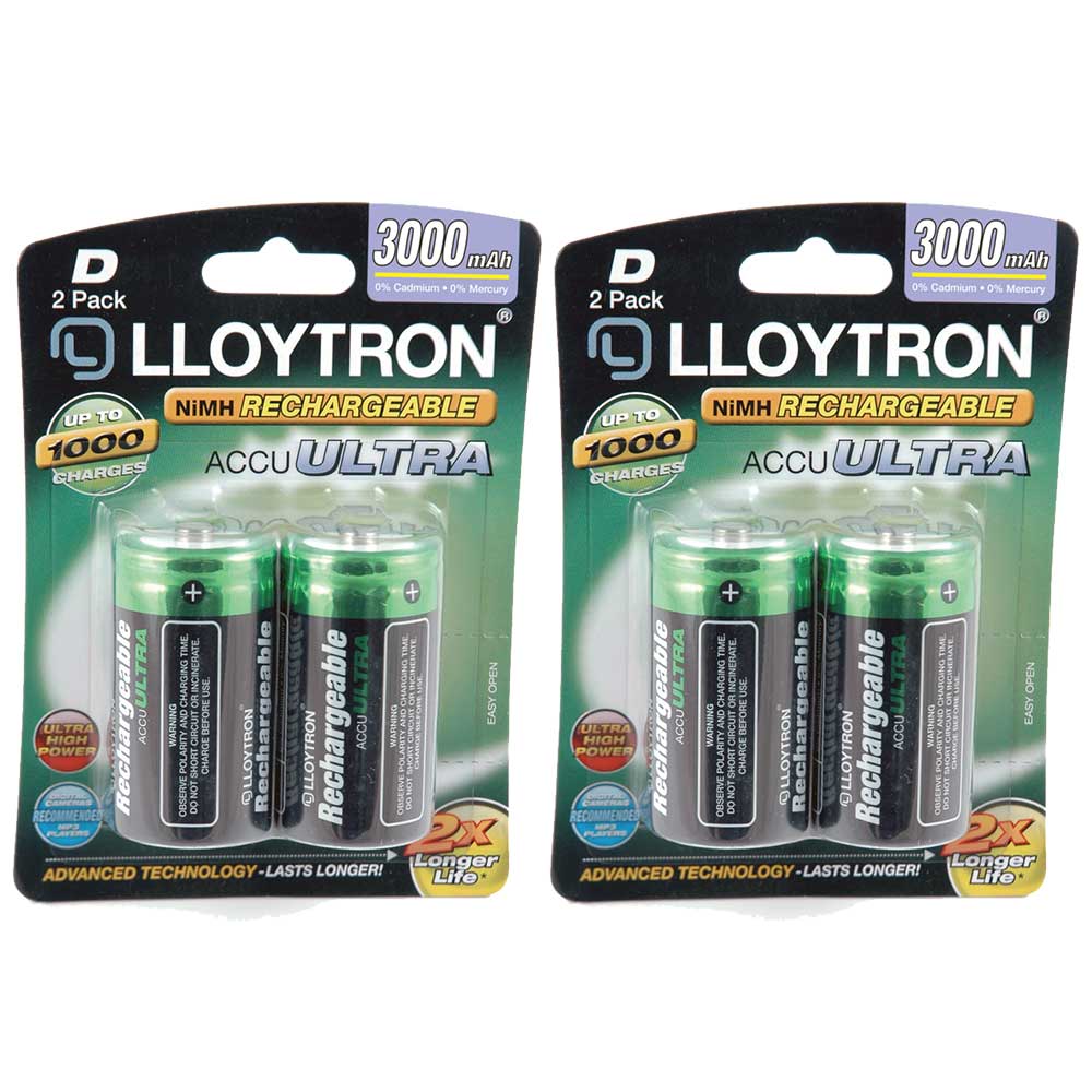 Lloytron ACCU ULTRA D Cell LR20 NiMH Rechargeable Batteries 3000mAh Capacity - Value 4 Pack