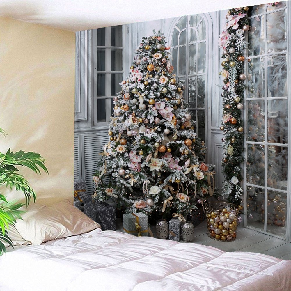 Christmas Tree Presents Print Tapestry Wall Hanging Decor