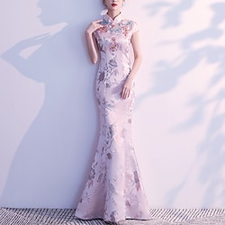 Mermaid / Trumpet Chinese Style Elegant Wedding Guest Engagement Dress High Neck Short Sleeve Floor Length Charmeuse with Embroidery 2022 Lightinthebox