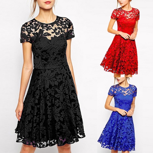 New Sexy Women Floral Lace Dress Round Neck Short Sleeve Pleated Swing Cocktail Party Dress Blue/Black/Red
