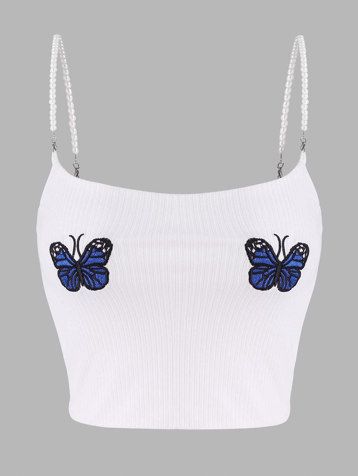 Künstliche Perlen Gerippter Schmetterling Besticktes Top M Weiß