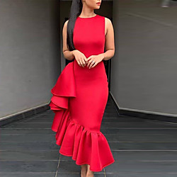 Mujer Vestido de Fiesta Vestido Midi Rojo Sin Mangas Color sólido Volante Otoño Cuello Barco Fiesta Elegante 2021 S M L XL XXL miniinthebox