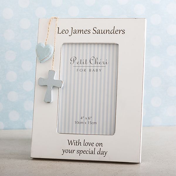 Personalised Boys White 6x4 Photo Frame With Blue Hanging Cross & Heart