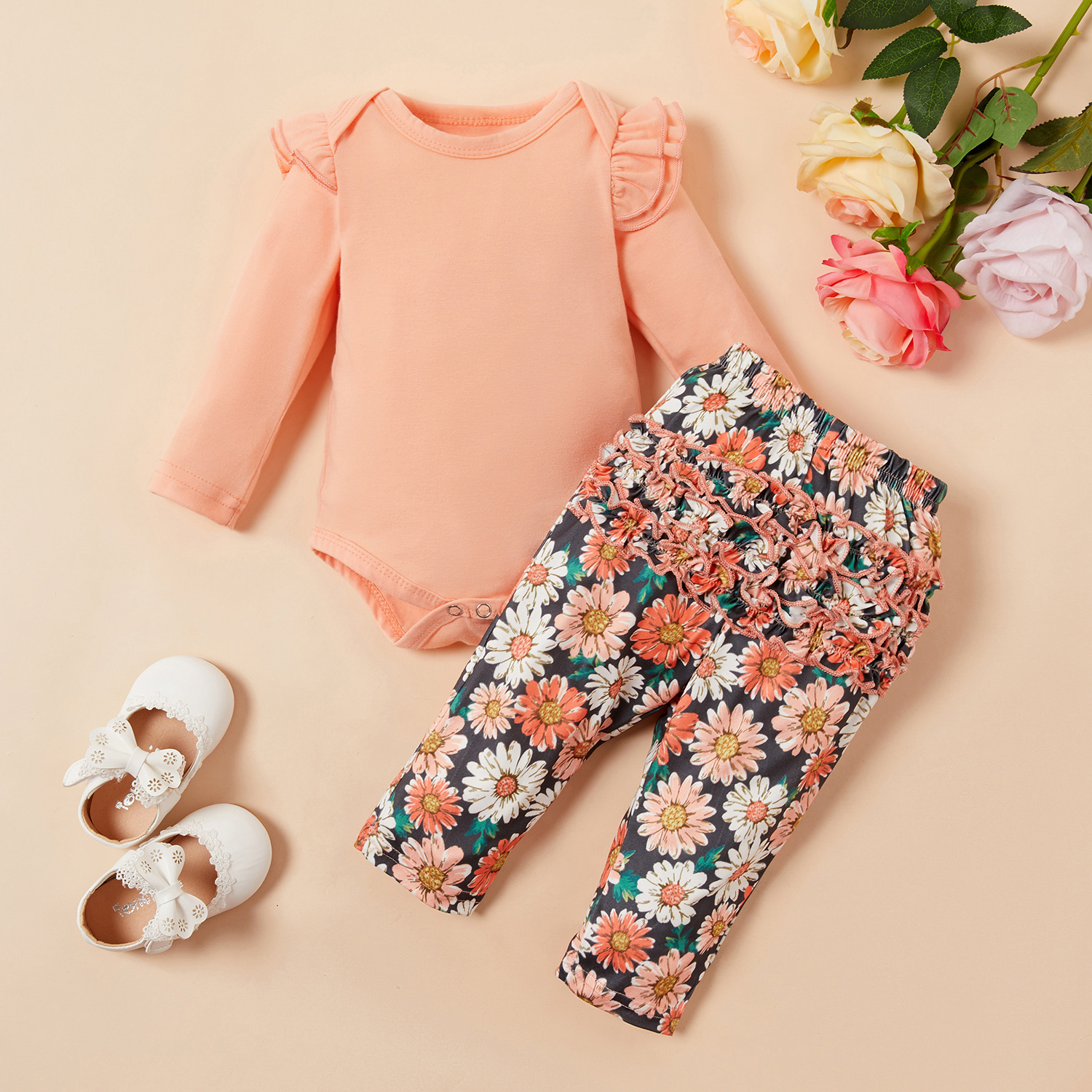 Baby Girl Solid Bodysuit and Allover Print Pants Set