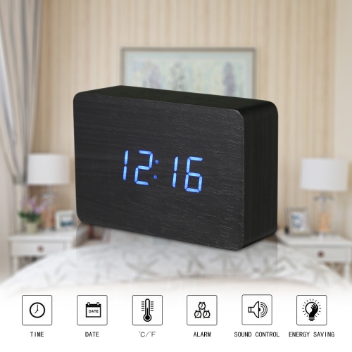 Desktop Table Classic Wooden Electronic Digital LED Clock Alarm Setting Display Time Calendar Date Temperature Sound Control for Home Office Decor Blue