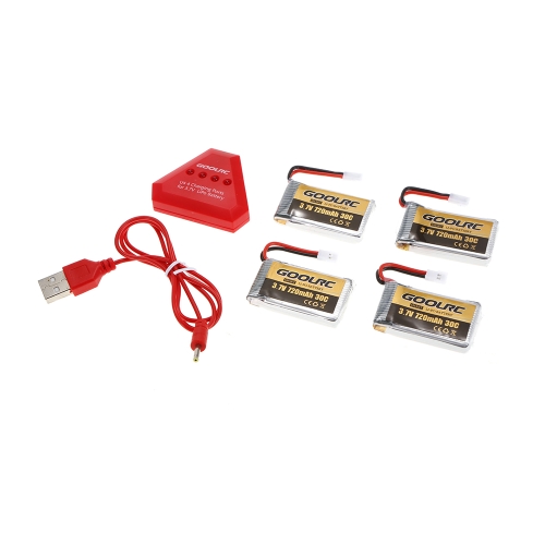 4pcs GoolRC 720mAh 3.7V 30C LiPo Battery with 4 in 1 USB Charger for Syma X5SW X5SC Cheerson CX-30W RC Quadcopter