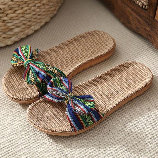 Slippers Women EVA Stripes Bow Lippers Thick Cotton Linen Flip Flops Shoes Chaussure Femme Zapatillas Casa Mujer