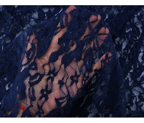 New Fashion Women Dress Floral Lace Patchwork Mesh Deep V Back Slim Sexy Evening Party Dress Dark Blue