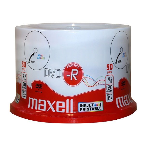 Maxell DVD-R Inkjet Printable White Surface 4.7GB 120Min 16x - Spindle Pack of 50