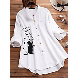 Women's Blouse Shirt Cat Animal Long Sleeve Print Round Neck Tops Cotton Basic Basic Top White Blue Green